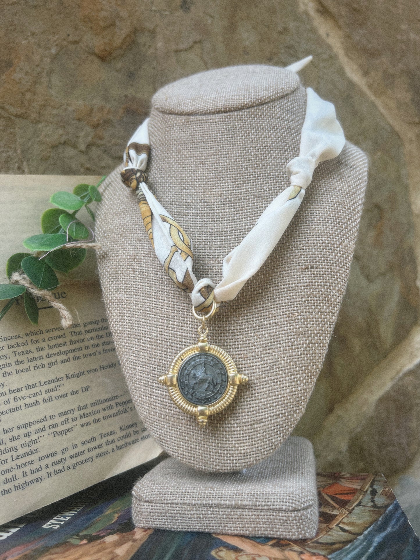 White Scarf Silver Horse Coin Necklace
