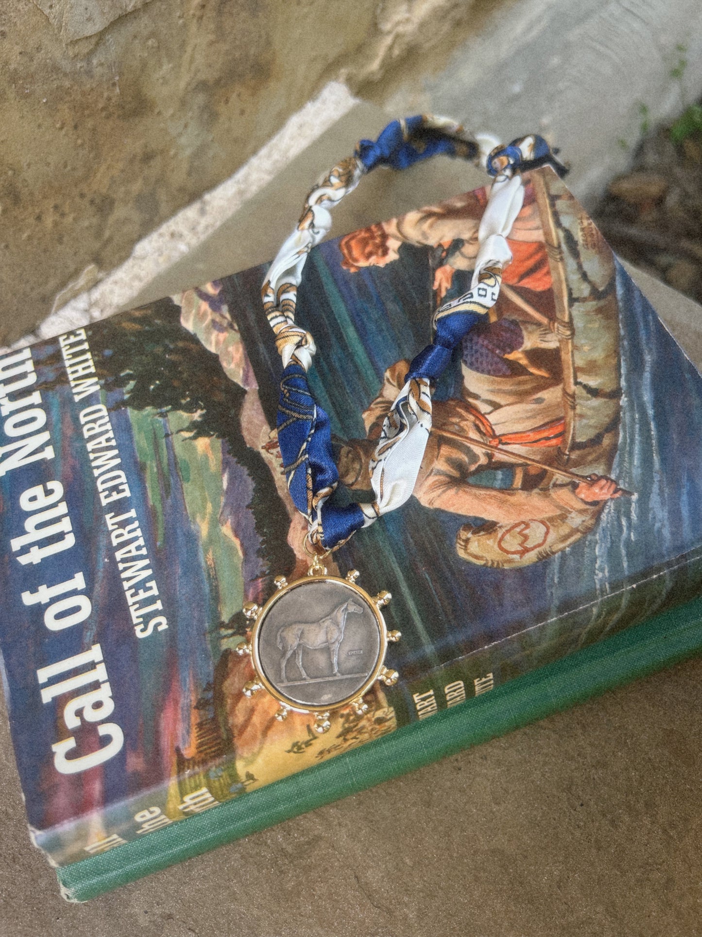 Blue Scarf Gold Horse Coin Necklace