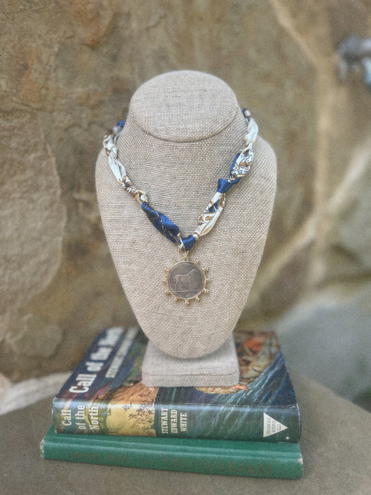 Blue Scarf Gold Horse Coin Necklace