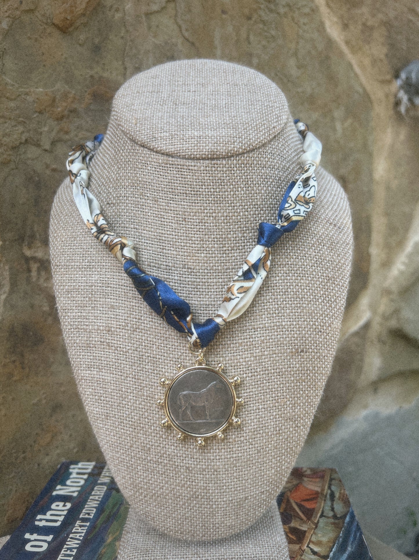 Blue Scarf Gold Horse Coin Necklace
